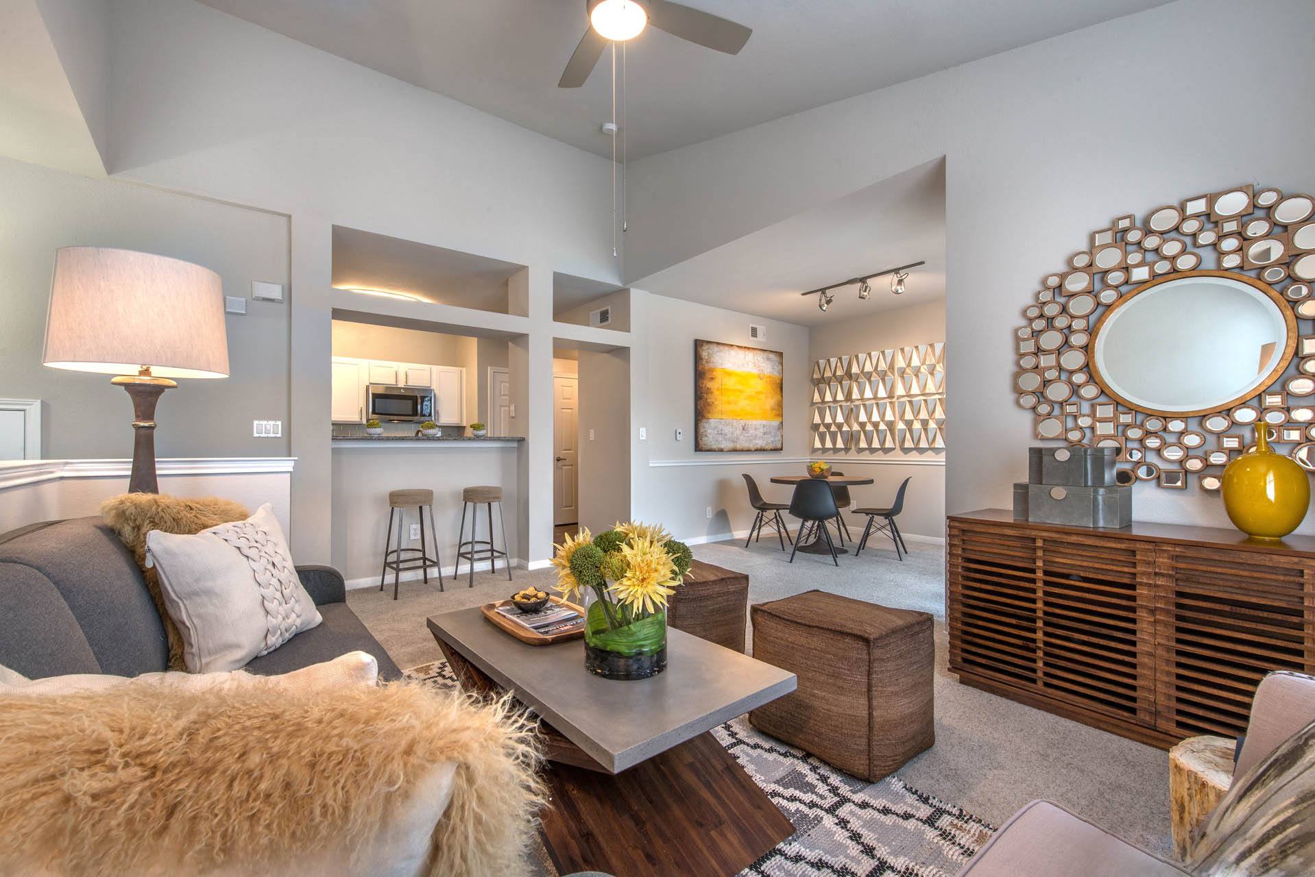 a living room with a couch and a table